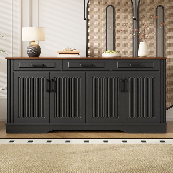 Merax Wohnzimmerschrank, Sideboard, 3D-vertikale Streifen, 3 Schubladen, 4Türen, Korpus aus MDF, Schwarz