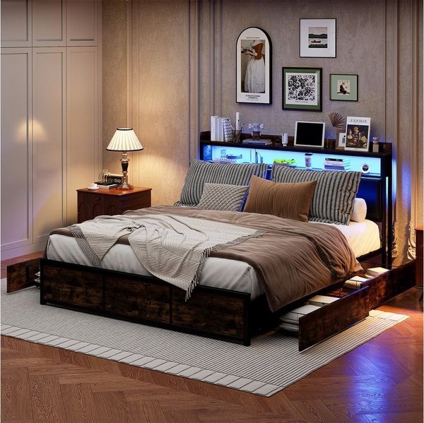 Furnishings Home Polsterbett Stauraumbett LED Doppelbett, Stauraum mit Kopfteil und 4 Schubladen (Pu material Polsterbett mit RGB Beleuchtung), mit Lattenrost, mit Komforthöhe, Leises Design Bett, 140x200 cm