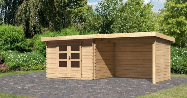 Gartenhaus Bastrup 3 - 579x237 cm mit Anbaudach 3,00 m mit Seiten- und Rückwand, 28 mm Holz naturbelassen, Karibu
