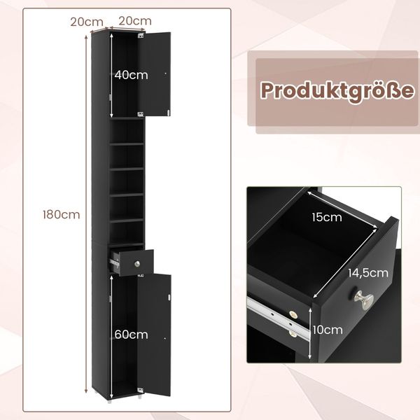 Schmaler Badschrank mit 2 Türen & 1 Schublade Hochschrank 20 x 20 x 180 cm Schwarz