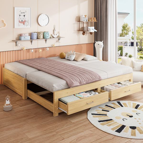 Ausziehbares Schlafsofa Aus Holz, 90/180x190 cm, Mit Zwei Schubladen, Ohne Armlehnen und Rückenlehne, Multifunktionales Gästebett Mit Lattenrost, Holzfarbe