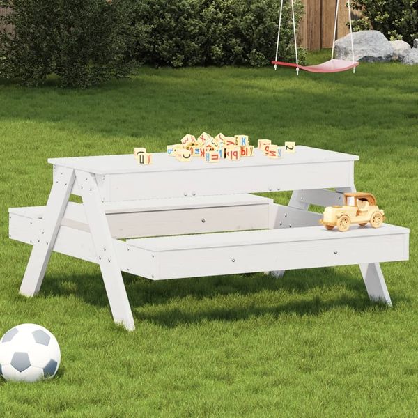 Gartentische, Picknicktisch mit Sandkasten für Kinder Weiß Massivholz Kiefer
