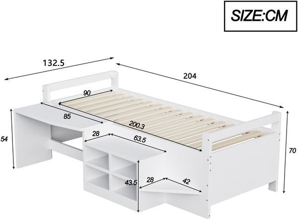 Kinderbett 90×200 cm, mit Staufächern Schreibtisch mit Steckdosen nach europäischer Norm Einzelbett Holzbett Weiß Bild 5