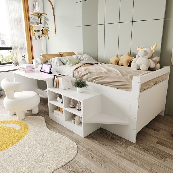 Kinderbett 90×200 cm, mit Staufächern Schreibtisch mit Steckdosen nach europäischer Norm Einzelbett Holzbett Weiß