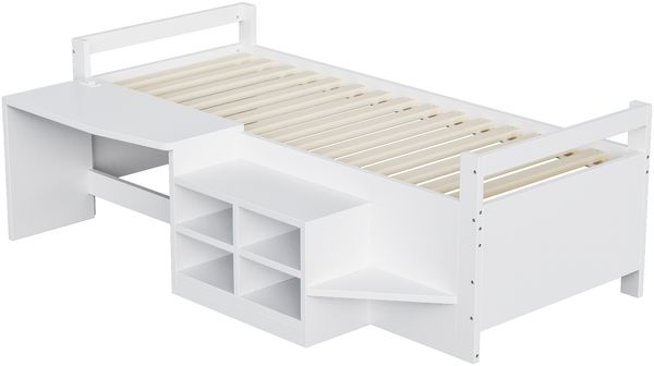 Kinderbett 90×200 cm, mit Staufächern Schreibtisch mit Steckdosen nach europäischer Norm Einzelbett Holzbett Weiß Bild 9