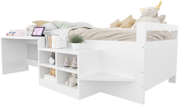 Kinderbett 90×200 cm, mit Staufächern Schreibtisch mit Steckdosen nach europäischer Norm Einzelbett Holzbett Weiß Bild 6