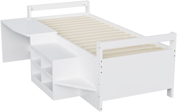 Kinderbett 90×200 cm, mit Staufächern Schreibtisch mit Steckdosen nach europäischer Norm Einzelbett Holzbett Weiß Bild 8