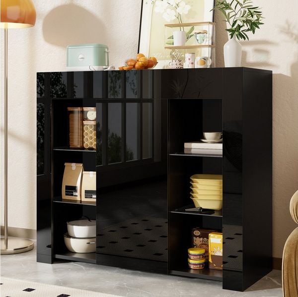 Merax Sideboard Buffetschrank mit Hochglanz-Front (1 St, für Wohnzimmer, Esszimmer oder Küche), Kommode mit Glasregalen und Tür, Anrichte Schrank Buffet, 95x35x83cm