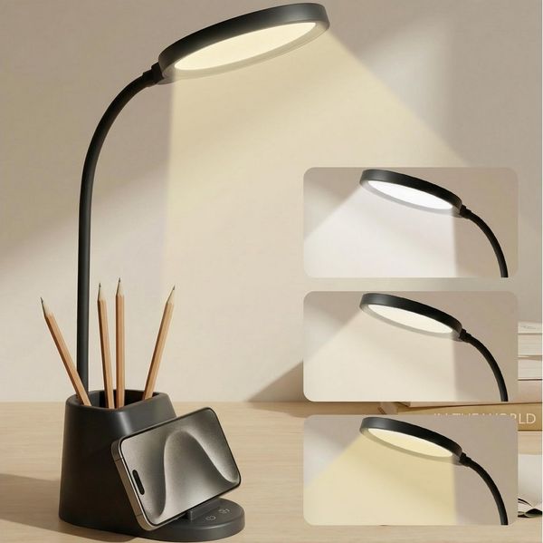 LQWELL LED Schreibtischlampe 4 in 1 LED Schreibtischlampe USB Aufladbar, LED fest integriert, 3 Helligkeitsstufen Nachtlicht, 360° Flexibel Stifthalter Tischlampe Studienlampe, mit Telefonhalter,für Heimbüro