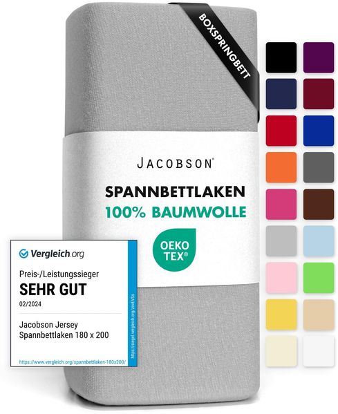 Jacobson Jersey Spannbettlaken Spannbetttuch Baumwolle Bettlaken (XL 120x200-130x220 cm, Grau)