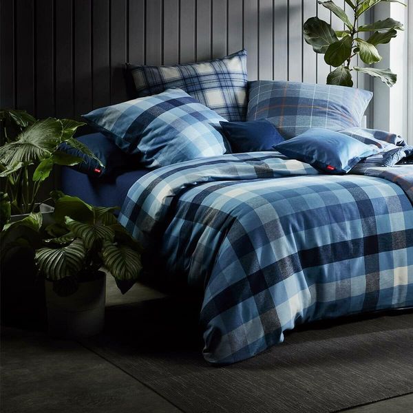 Fleuresse Lech Edelflanell Bettwäsche 155x220 Karo blau denim 603742-32