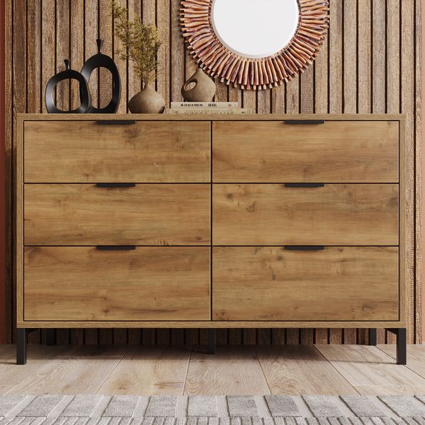 Kommode mit 6 Schubladen, Spanplatte & Metallgestell, 120x40x76 cm, Dunkle Eiche