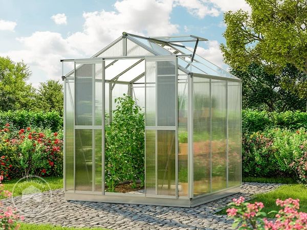 GFP Gewächshaus Picco 3 Alu-Rahmen 179 x 195 cm 6 mm Polycarbonat Platten - mit Fundamentrahmen & 1 automatischem Fensteröffner