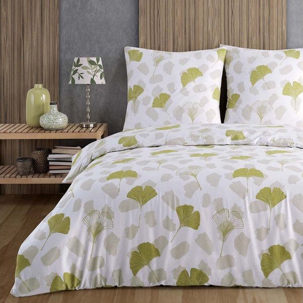Buymax Bettwäsche, Renforce: 100% Baumwolle, 3 teilig, 200x220 cm Bettbezug Set mit Reißverschluss, Blätter, Weiß Hellgrün