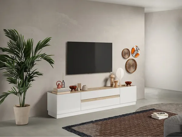 Vente-unique - EMORA TV unit Holz, Platte BeigeWeiß - B 39,8 cm x H 43,2 cm x L 204,7 cm