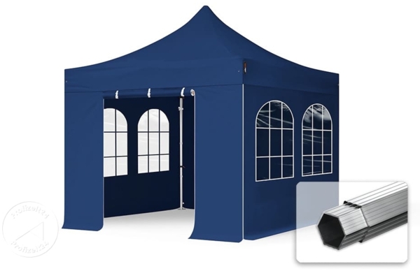 3x3 m Faltpavillon PROFESSIONAL Alu 40mm, Seitenteile mit Sprossenfenstern, blau