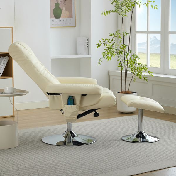 Relaxsessel mit 5-Punkt-Massage, Sitzheizung, 360° Drehung & Fußhocker,Bequemer Kunstleder-Ledersessel für Wohnzimmer,Beige