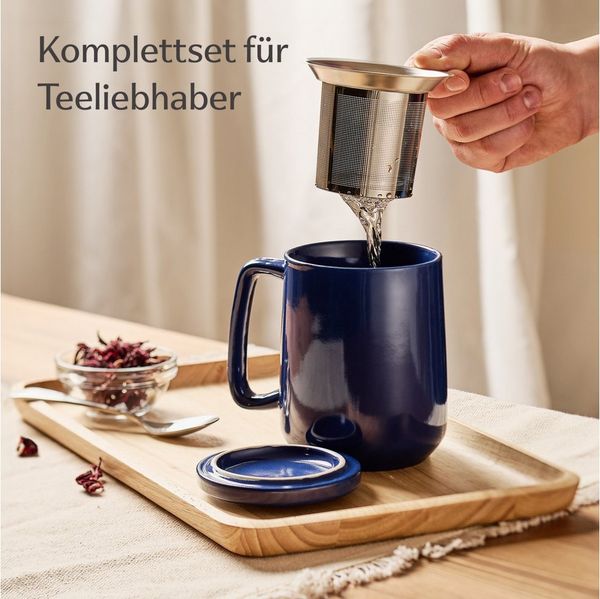 Cosumy Teeglas Teetasse mit Sieb und Deckel - Keramik Dunkelblau - Hält Lange warm, 1-tlg, Keramik, Hält Lange warm - 500 ml XXL Groß - Spülmaschinenfest