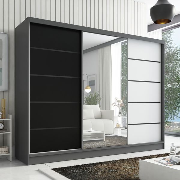 Schwebetürenschrank ARIVA 2 3-türig Schrank 200 cm (mit Spiegel) Farbe: Graphit, Schwarz , Weiß