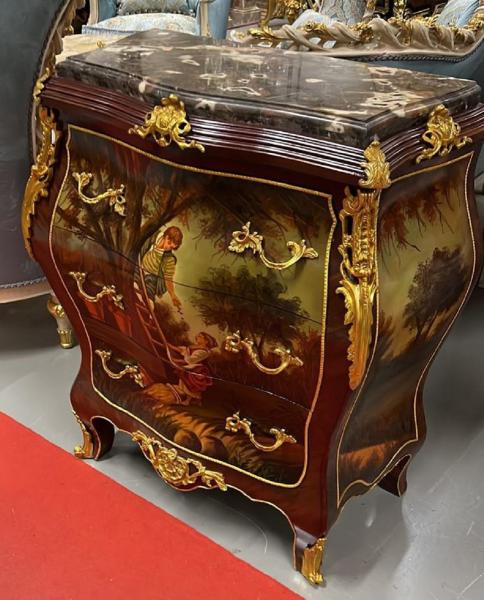 Casa Padrino Barock Kommode Braun / Gold / Mehrfarbbig / Schwarz - Handgefertigte Massivholz Kommode mit 3 Schubladen und Marmorplatte - Barock Möbel