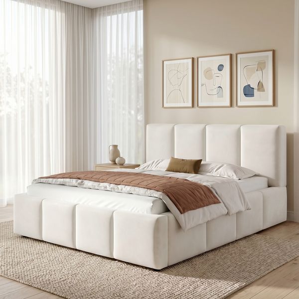 Polsterbett,Doppelbett,180 x 200cm,Bett mit Lattenrost, Kopfteil, gepolstertes Kopfteil, Beige Chenille