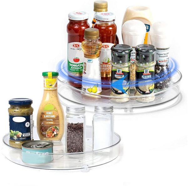 SURFOU Gewürzregal 2 Stk Kühlschrank Organizer, Schrank Organizer Lazy Susan 360° Drehbar, 360° drehbarer Kühlschrank-Organizer aus transparentem PET (27cm + 23cm) – Ideal für Gewürze, Lebensmittel & Kosmetik 2-tlg, rostfrei, langlebig und leicht zu re...