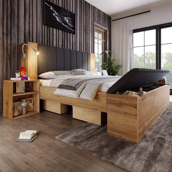 Flieks Holzbett, Doppelbett 180x200cm Stauraumkopfteil Leselicht USB Nachttisch Hocker