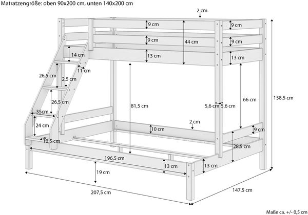 Doppel-Etagenbett 140x200 und 90x200 Erwachsenen-Stockbett Kiefer Massivholz weiß V-60.18W-09-14ohne Zubehör Bild 4