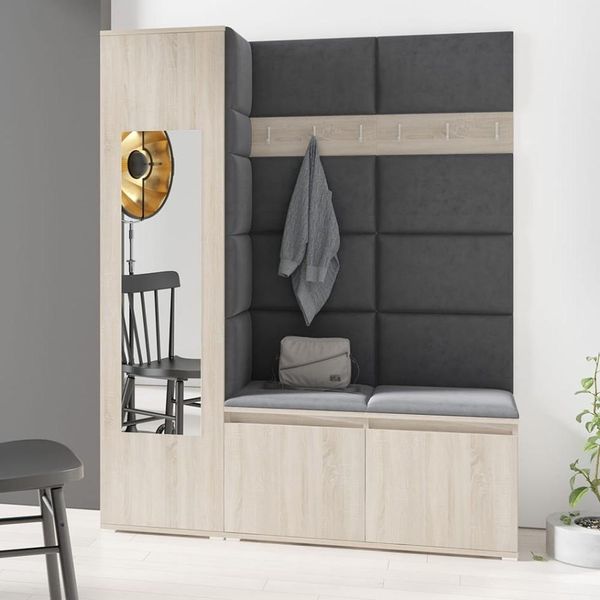 Garderoben-Set LINDA – Kleiderschrank mit Polsterplatten, Schuhschrank und Schrankaufsatz, für Flur und Eingangsbereich (Sonoma Eiche, Trinity 16), 185 x 40 x 145 cm