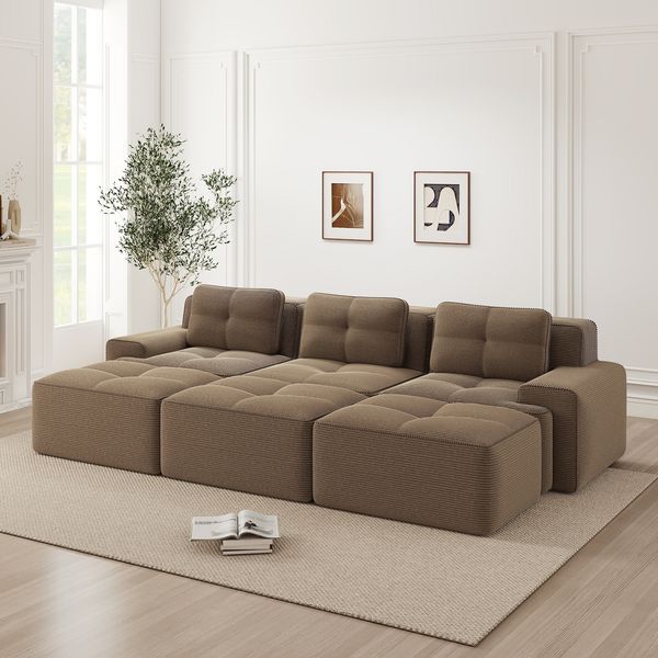 Flieks 3-Sitzer Sofa, Modular Schlafsofa, Tiefsofa mit 3 Ottoman & 3 Kissen, Cord, Braun