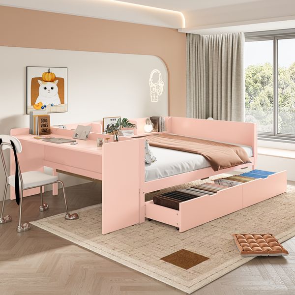 Flachbett, Holzbett, 140x200cm, mit Schreibtisch, ausgestattet mit 2 Schubladen, Doppelbett(Ohne Matratze), mit Regalen, Kiefer + Spanplatte, Rosa