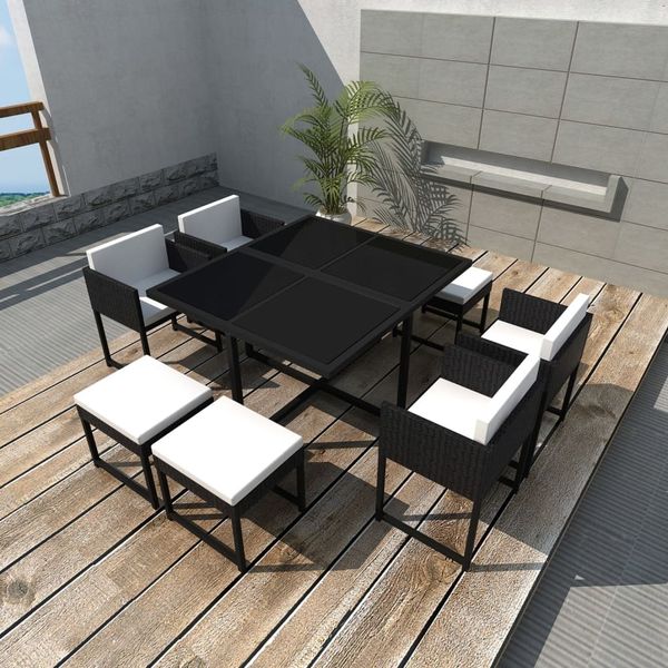 vidaXL 9-tlg. Garten-Essgruppe mit Auflagen Poly Rattan Schwarz 42759