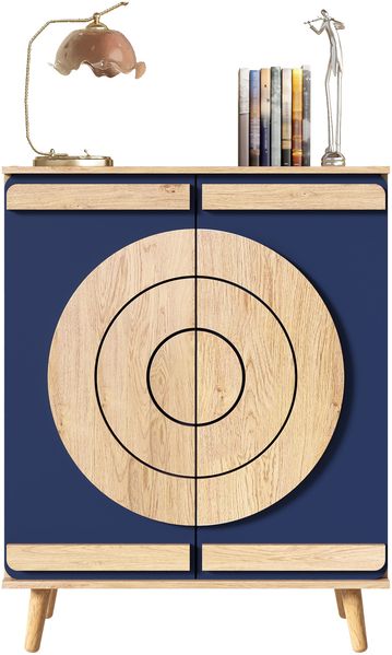 Moderner Schuhschrank mit rundem, geometrischem Türdesign, mehreren Staufächern und stabilen Holzbeinen.