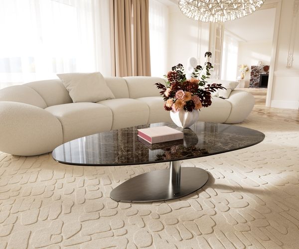Couchtisch Edge Oval 140x75 cm Keramik Emperador Extra Lucidato Dunkelbraun Vibany Edelstahl gebürstet