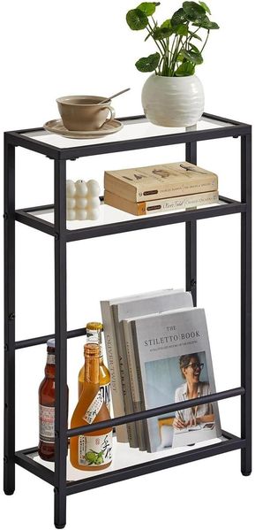 Schwarzer Glastisch mit Zeitschriftenhalter, 3 Etagen, schmaler Beistelltisch
