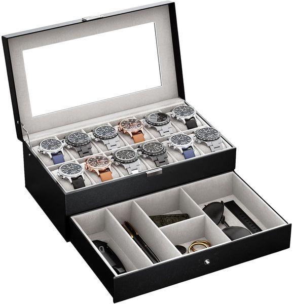 Uhrenbox 12 Fächer Uhrenkasten Glasdeckel Uhrenkoffer Uhrenschatulle Schwarz