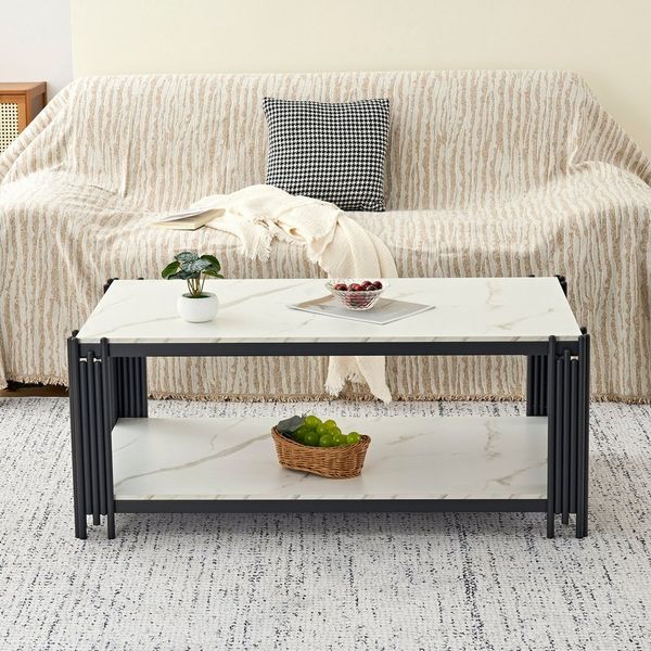OKWISH Couchtisch Kaffeetisch Wohnzimmertisch Sofatisch (mit Metallbeinen – Marmorierte Tischplatte), H46/B114/T64 cm