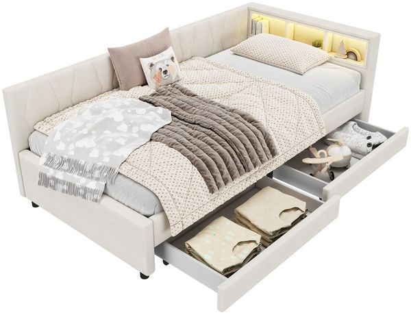 SeedWave Daybett Polsterbett mit Schubladen, Leinenbezug, LED-Beleuchtung, Ladefunktion, 90x200 cm Stauraumbett mit Schubladen und Regalfächern