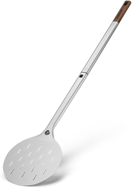 BURNHARD® Pizzawender Pizza Turning Peel rund, Aluminium-Schaufel perforiert mit Akazienholz-Griff & Steckmechanismus, temperaturbeständig für Pizzaofen – 95 cm x 18 cm x 1,6 cm - Silber - #944652_1