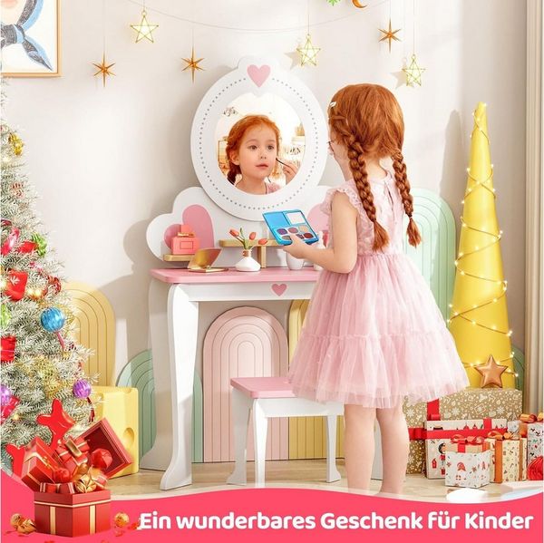 TLGREEN Schminktisch, 2-in-1 Kinderschminktisch mit Spiegel (Puppenschminktisch & Schreibtisch Mädchen, 50x33x91cm, Spielzeug für Mädchenab 3 Jahre), Kinder Makeup Tisch Rosa mit Stuhl