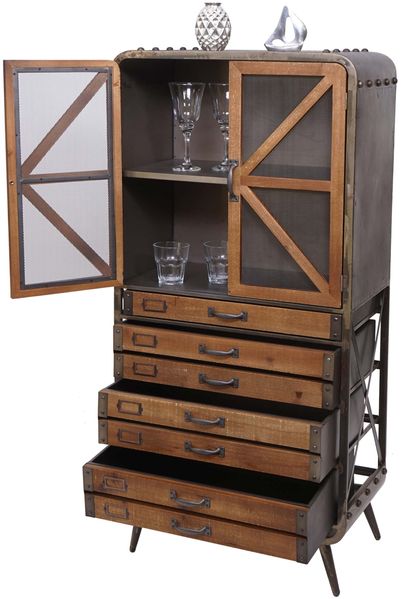 Hochschrank HWC-F91 Industrial Tanne Holz Metall 128 x 60 x 33 cm, braun-schwarz