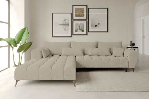 99rooms Ferrano Ecksofa Chenille EDEN Creme Links mit Sitztiefenverstellung