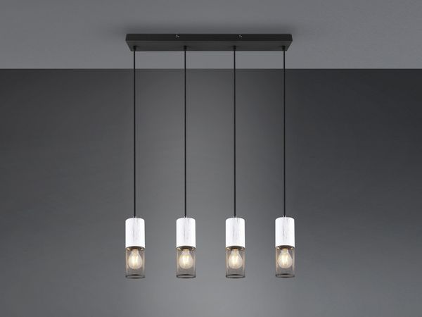 LED Pendelleuchte 4-flammig mit Holz Weiß und Drahtgeflecht, Breite 65cm