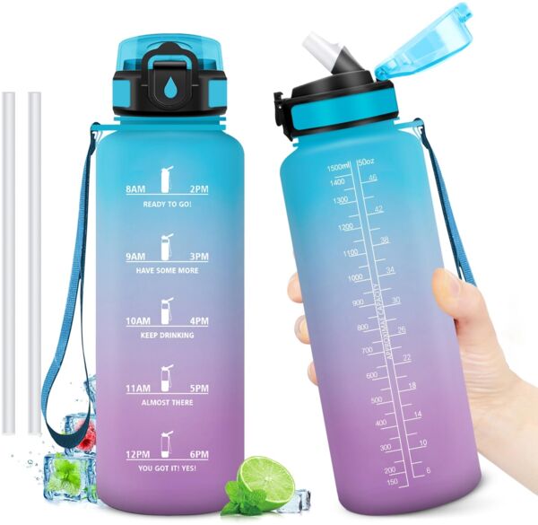 Trinkflasche Auslaufsicher 1.5L, Kohlensäure Geeignet, Motivierende Trinkflasche mit Zeitmarkierung, Sportflasche mit strohhalm, Wasserflasche Sport für Laufen, Bergsteigen, Reisen, Radtouren, Büro