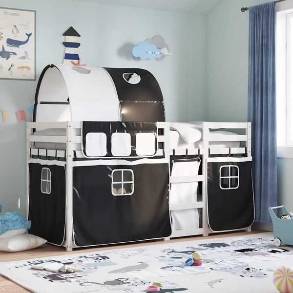 vidaXL Etagenbett mit Vorhängen Weiß Schwarz 90x200 cm Kiefernholz 3283985