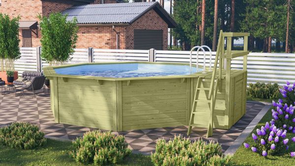 Achteck-Pool X2 470x470 cm Holz kdi mit Terrasse, Set mit Filter+Skimmer