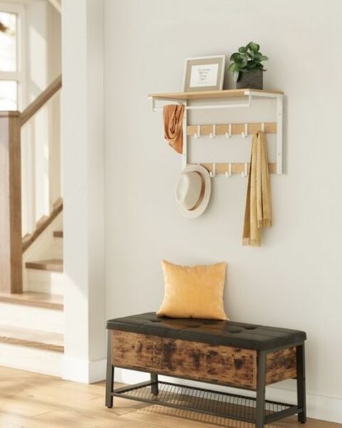 Vasagle Wandgarderobe mit Ablage, 10 abnehmbaren Haken, 2 Garderobenleisten, Holz Eichenfarben-Weiß, 42 x 30 x 65 cm