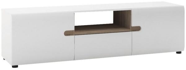 Wohnzimmer TV Lowboard LEGNICA-129 in weiß Hochglanz mit Trüffel Eiche Nb, B/H/T ca. 164/46/42 cm