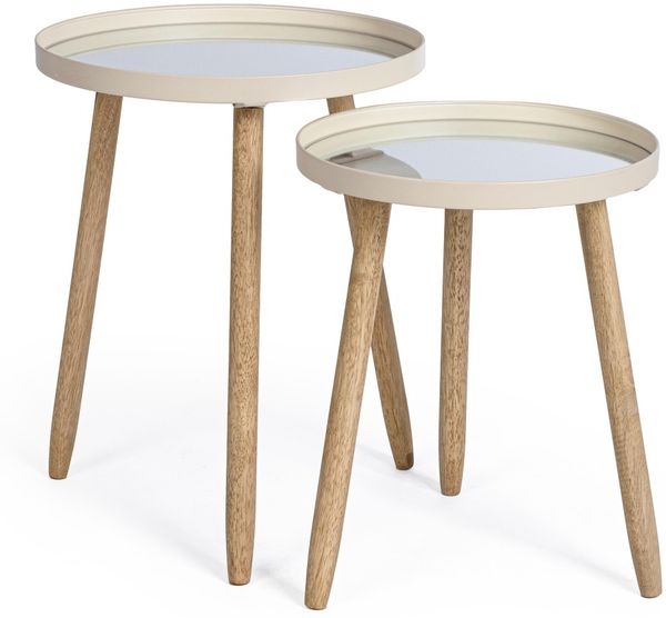 Beistelltisch Edvard 2er-Set Glasplatte, modernes Design, Elfenbein, rund, Kautschukholz