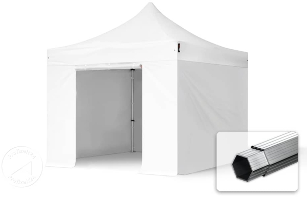 3x3 m Faltpavillon, PROFESSIONAL Alu 40mm, feuersicher, Seitenteile ohne Fenster, weiß